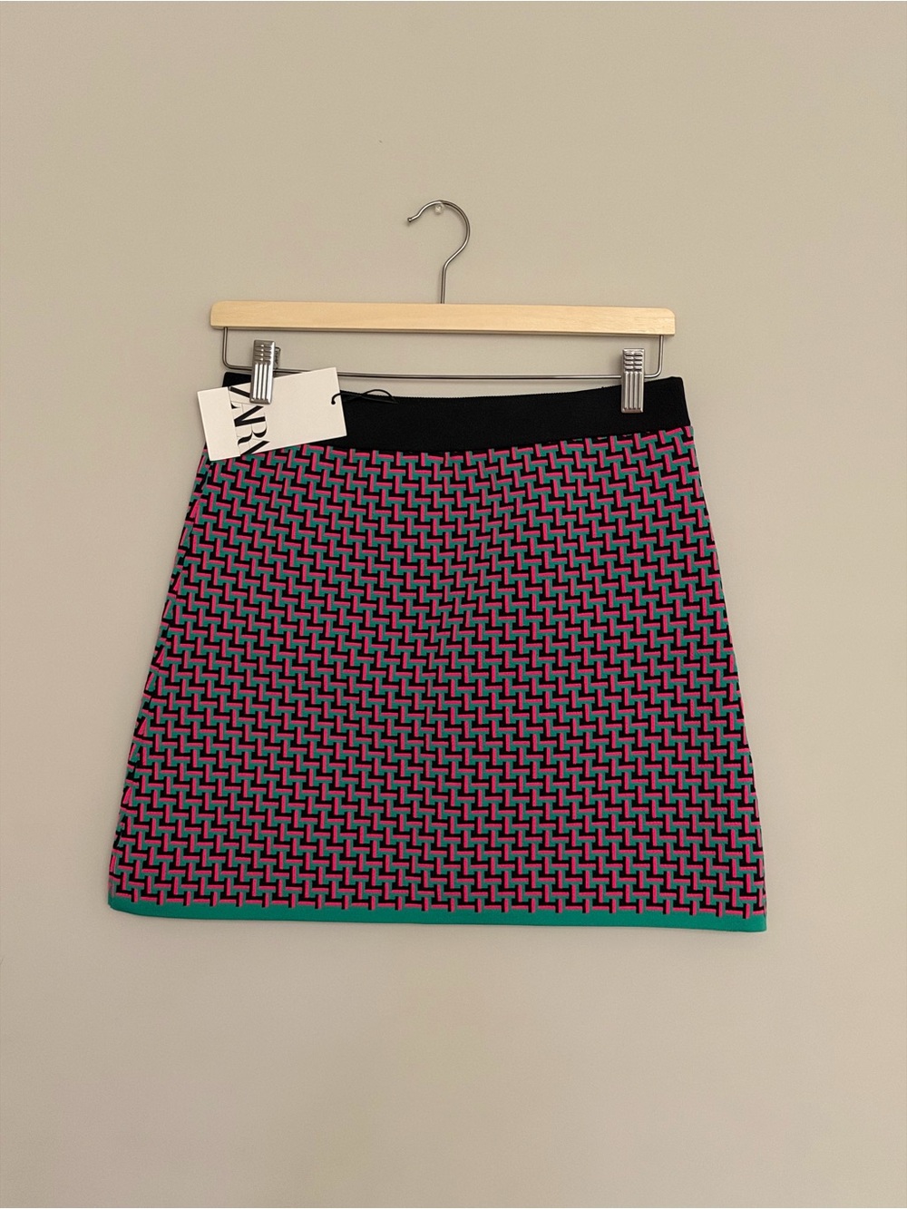 Zara Pink & Teal Geometric Mini Skirt with Black Waistband